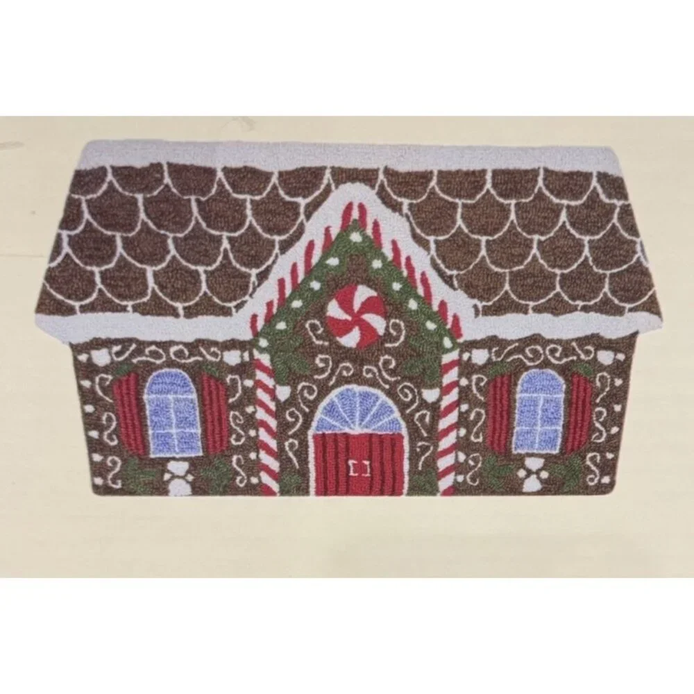 Christmas Gingerbread House Rug Hand Hooked Carpet Memory Foam Padding 22” x 38”